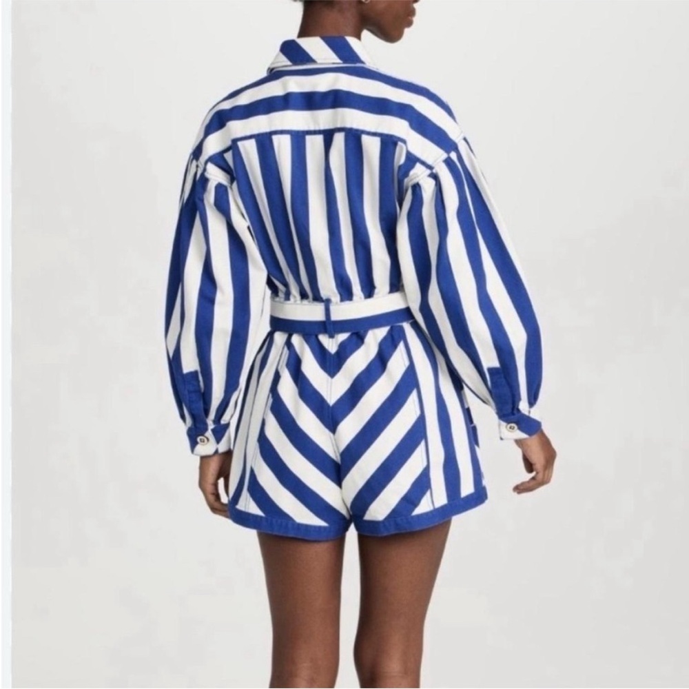 NWT FARM Rio Women’s Blue and White Striped Printed Romper Jumpsuit Tie Belt XXS - Picture 4 of 16